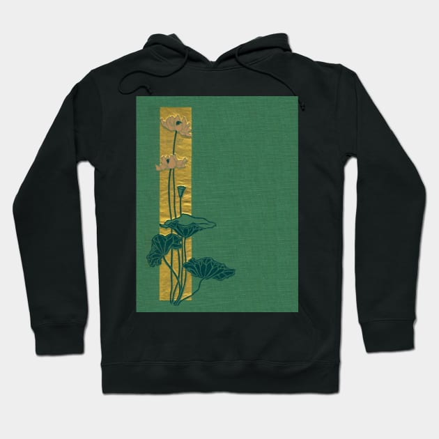 A vintage poetry book cover published in 1899, a minimalist design of pink water lilies on a green linen background, and a bar of hammered gold as an accent. Hoodie by stevepaint